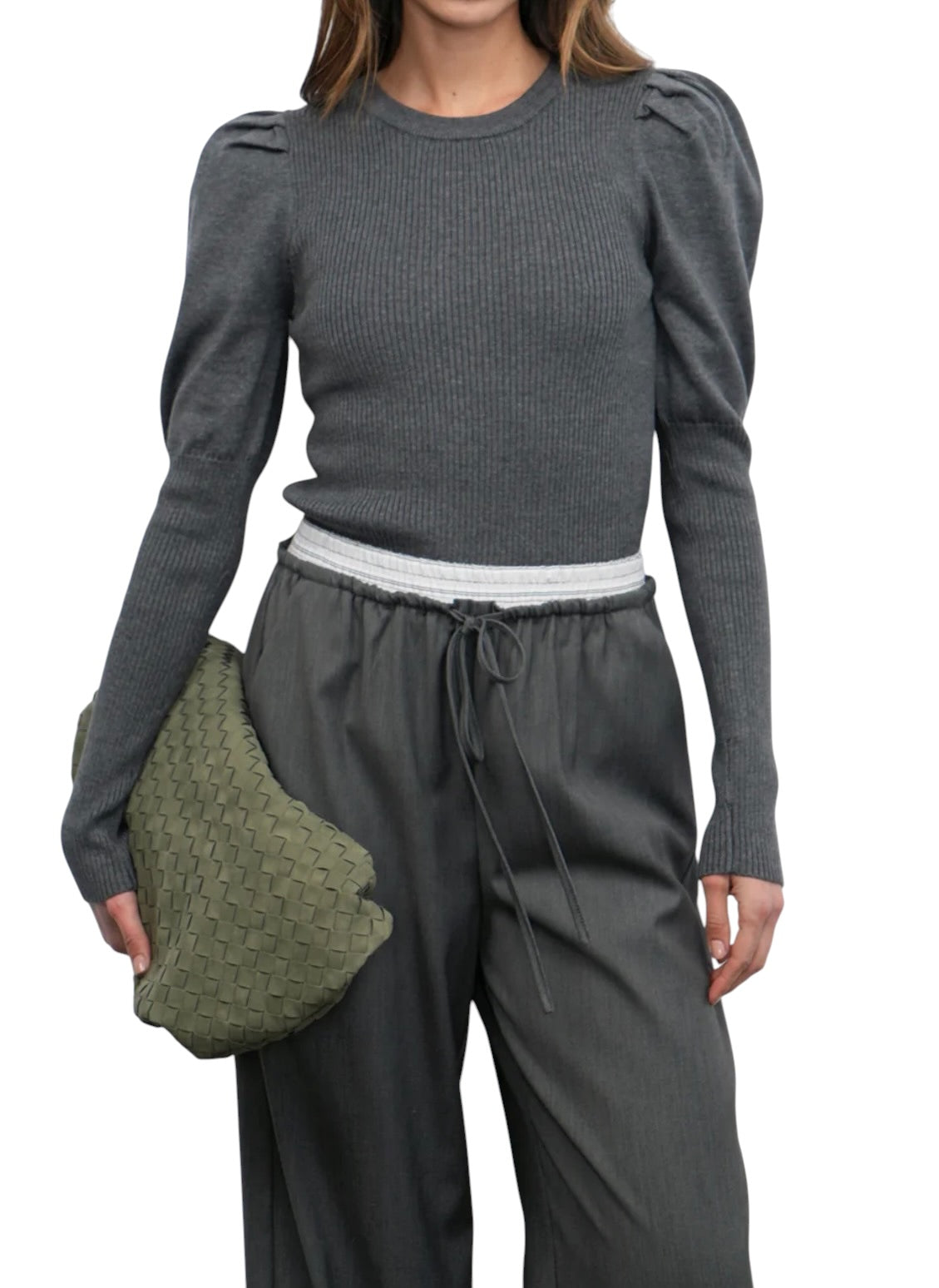 Greylin Renoa Puff Sleeve Ribbed Knit Top - Charcoal