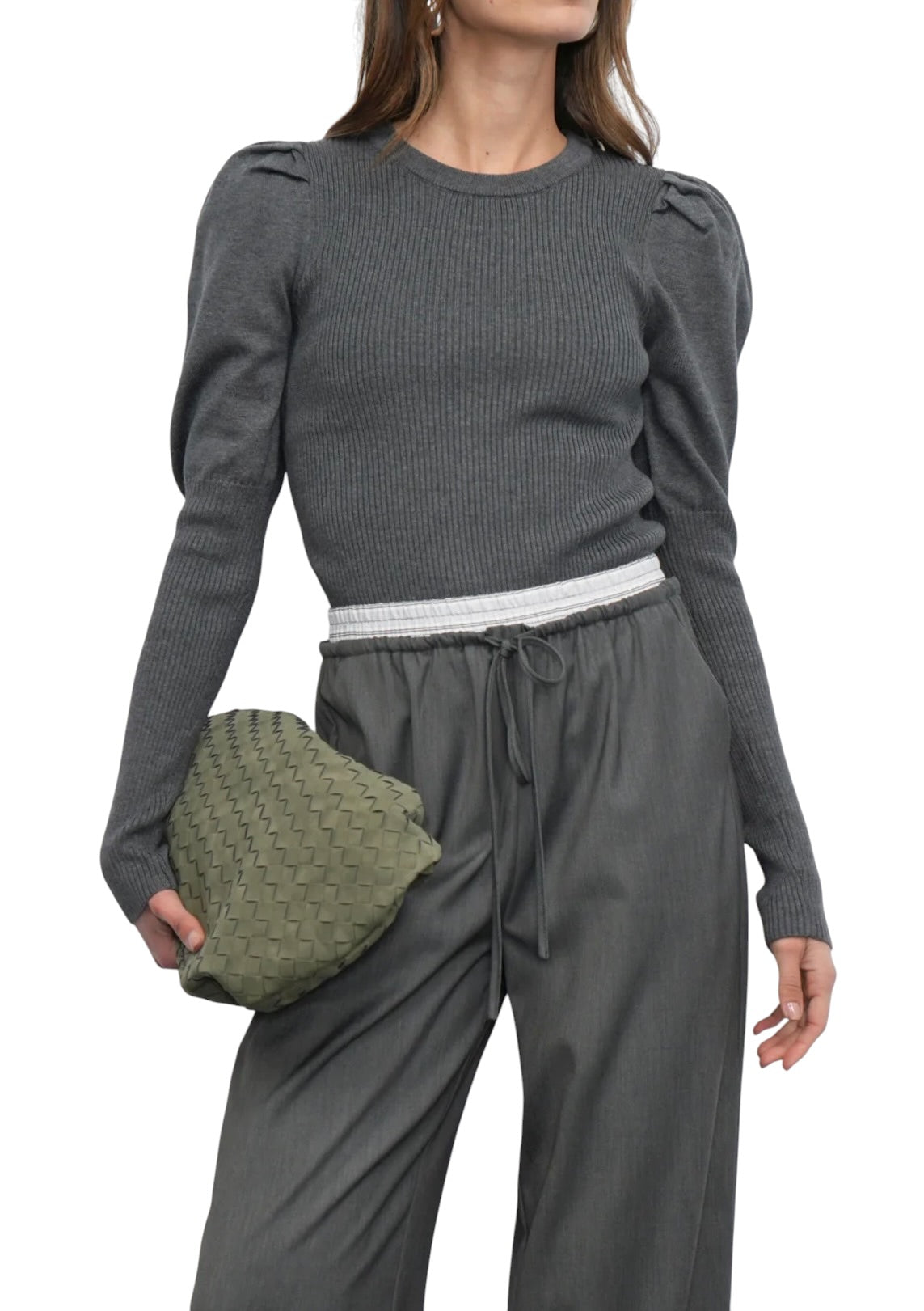 Greylin Renoa Puff Sleeve Ribbed Knit Top - Charcoal