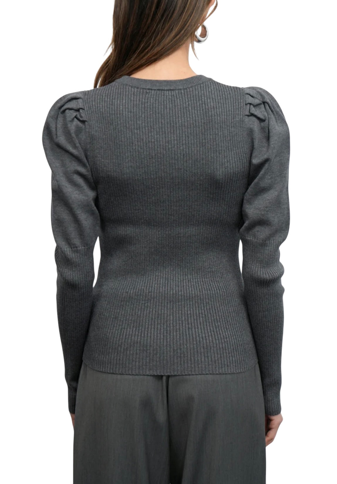 Greylin Renoa Puff Sleeve Ribbed Knit Top - Charcoal