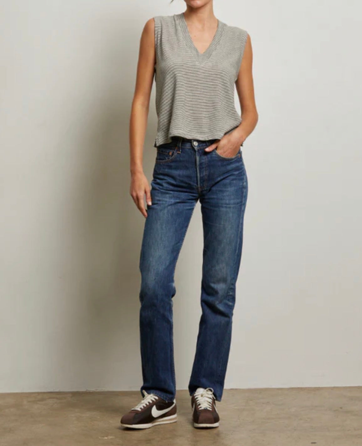 perfectwhitetee Lucy Stripe Linen Jersey V-Neck Tank - Ivory/Black