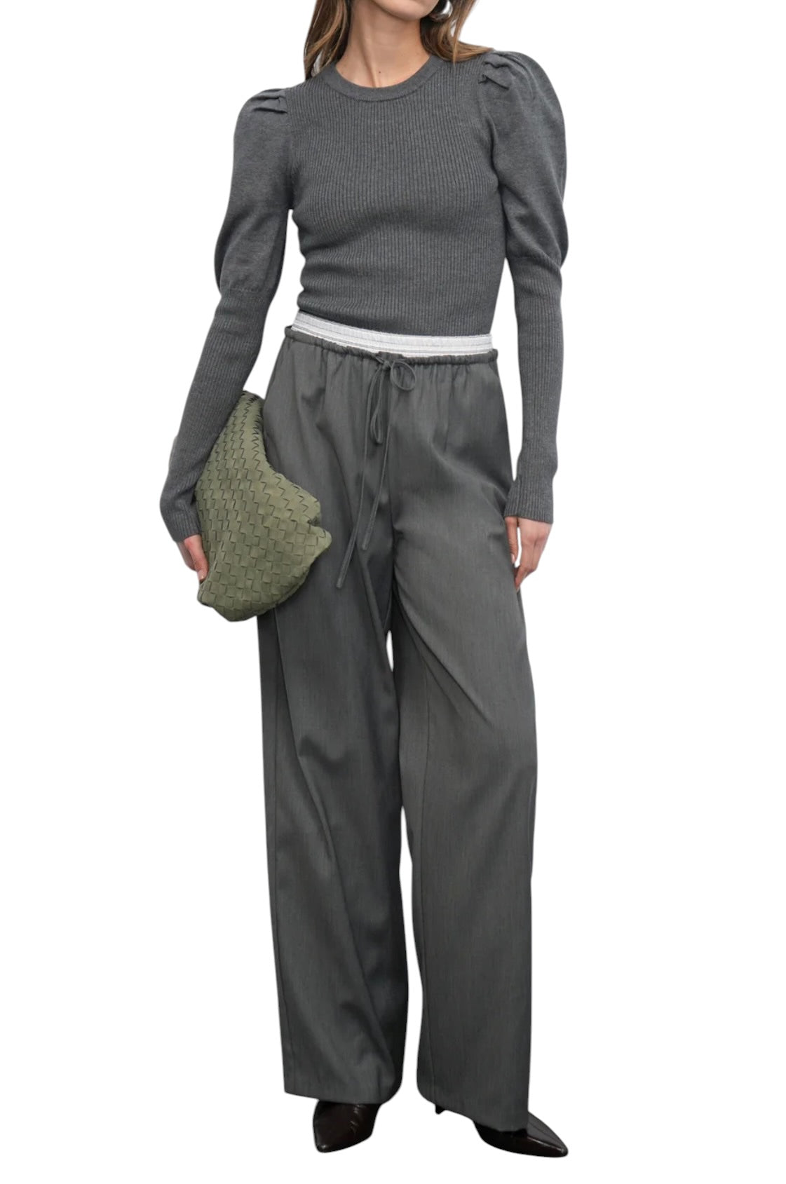 Greylin Renoa Puff Sleeve Ribbed Knit Top - Charcoal