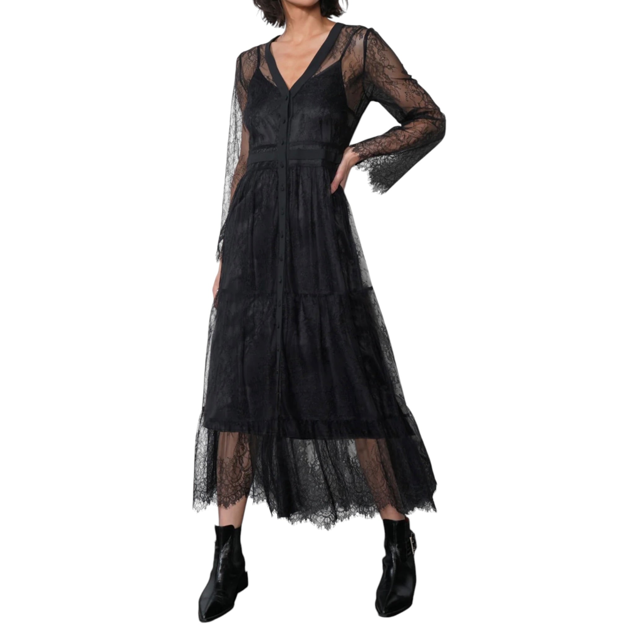 Greylin Emma Button Up Lace Tiered Maxi Dress - Black