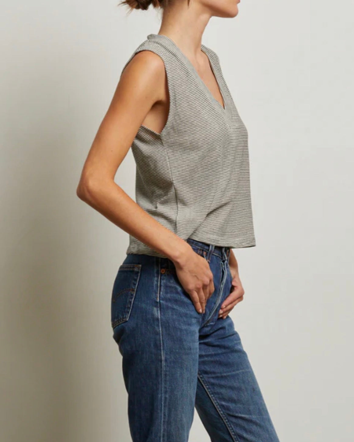 perfectwhitetee Lucy Stripe Linen Jersey V-Neck Tank - Ivory/Black