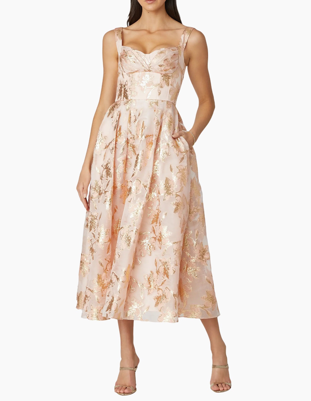 slim fit dress slacks Shoshanna Ophelia Organza Tea Length Dress - Blush Gold