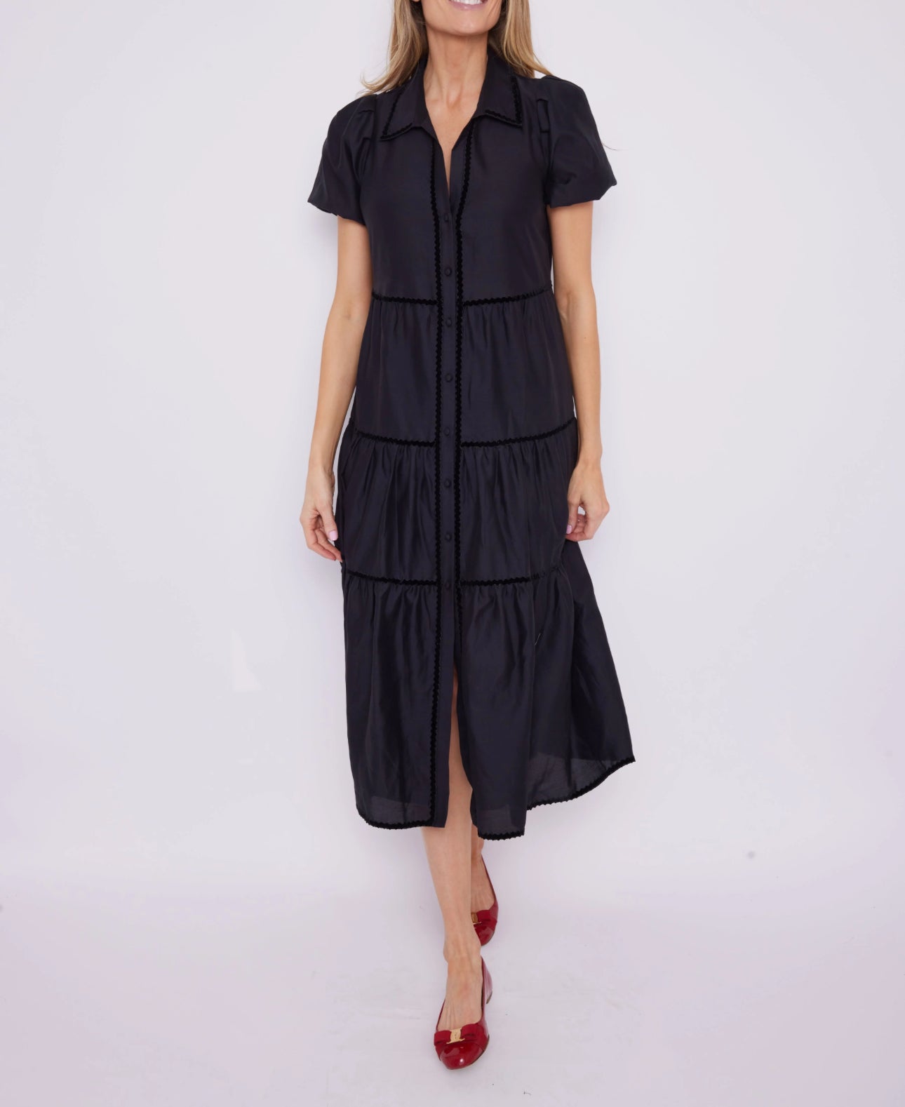 puff sleeve midi shirt dress Sail to Sable Black Puff Sleeve Midi Shirt Dress