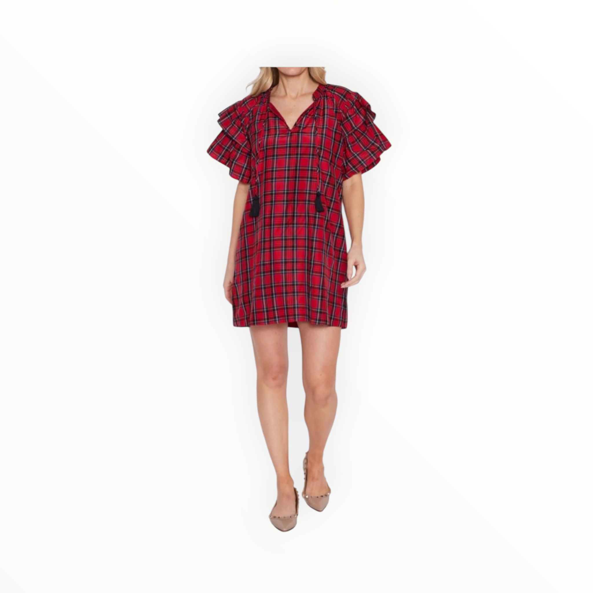 Sail to Sable Tartan Ruffle Sleeve Dress with Tassels - Red