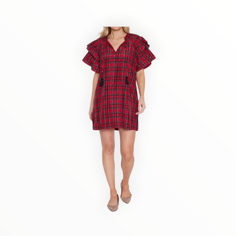 Sail to Sable Tartan Ruffle Sleeve Dress with Tassels - Red