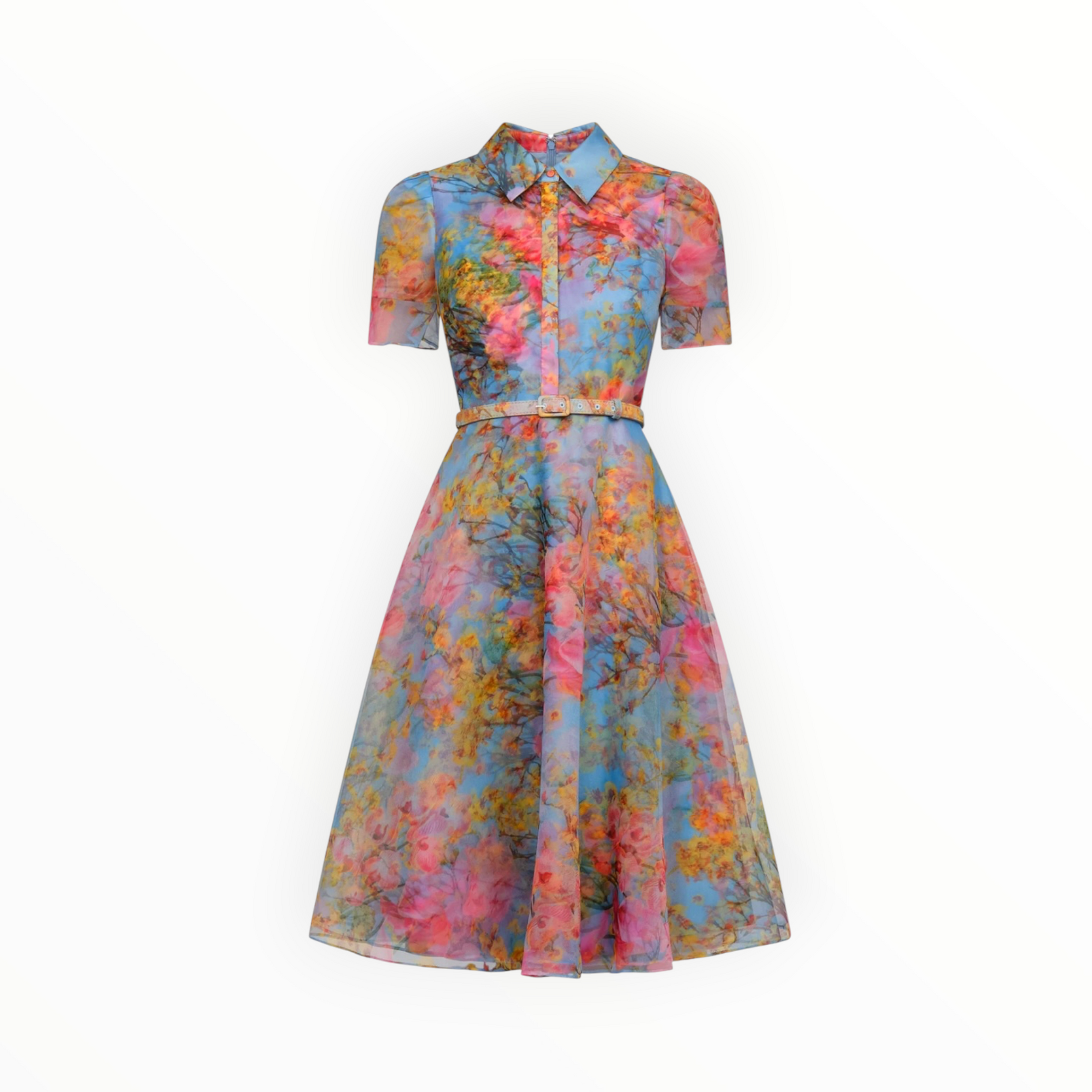 THEIA Marcel Organza Shirt Dress - Whisper Blue Zen in Bloom