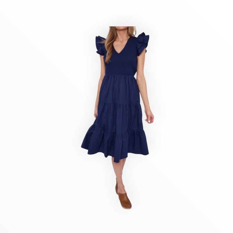 Sail To Sable Navy Smocked Flutter Sleeve Dress
