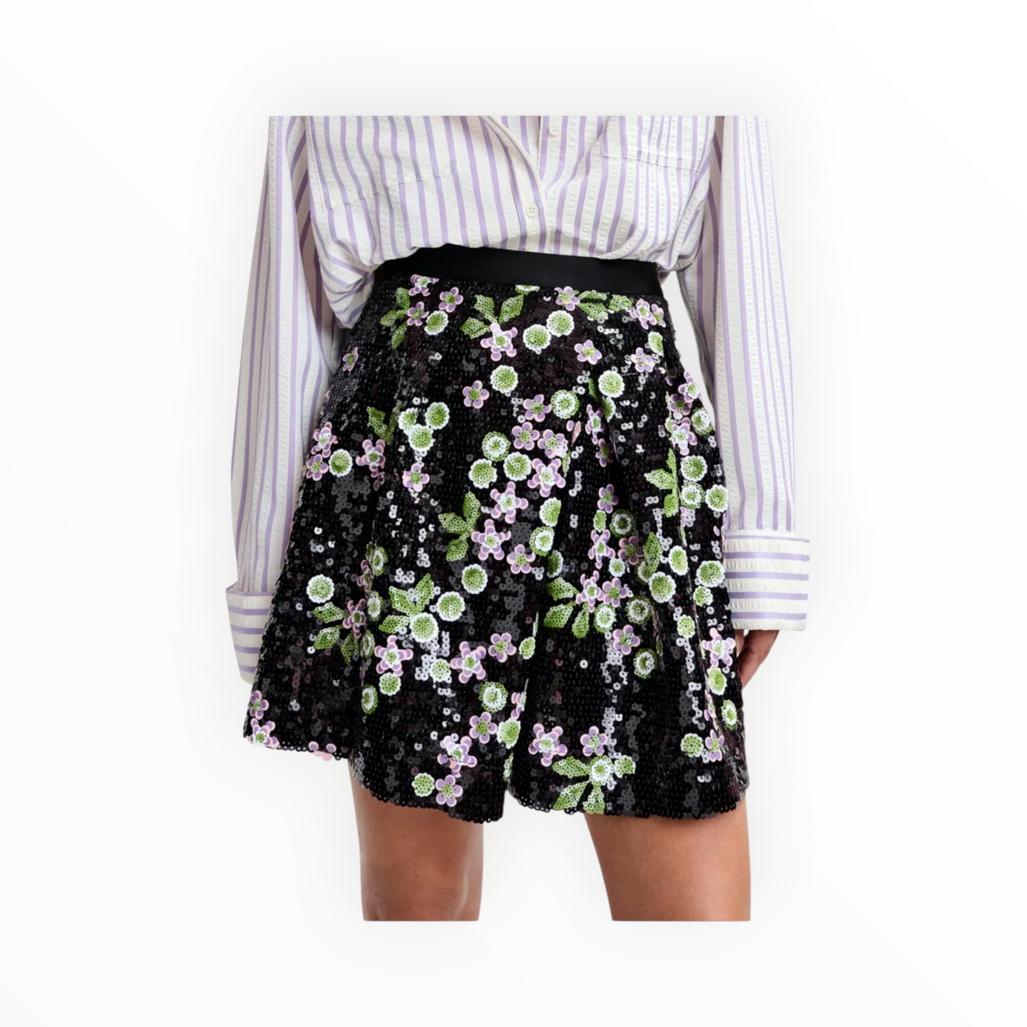 Essentiel Antwerp Tulip-Shape Mini Skirt W/Sequin Embellishments - Black/Green/Pink