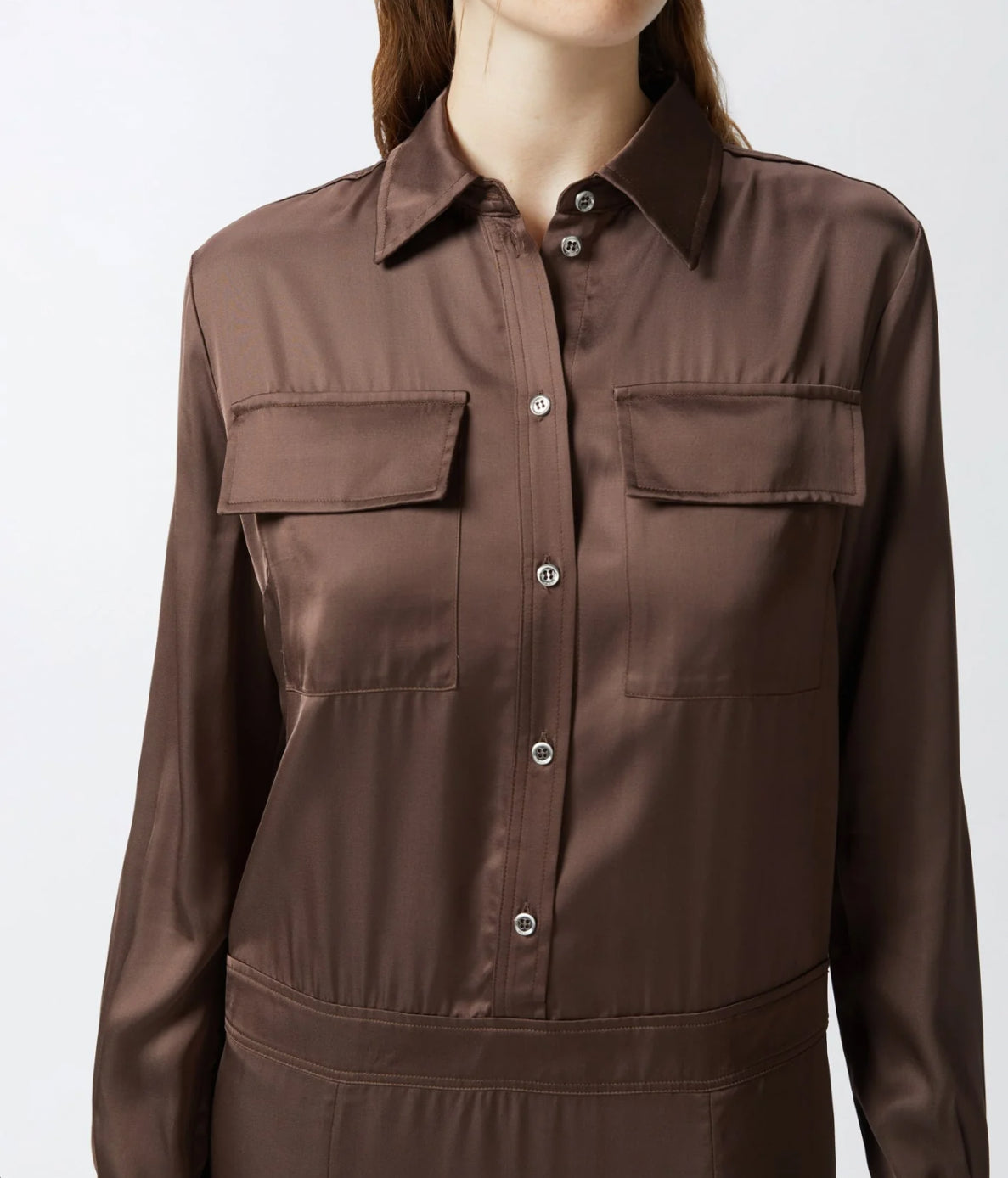 PINKO Long Satin Shirt Dress - Coffee