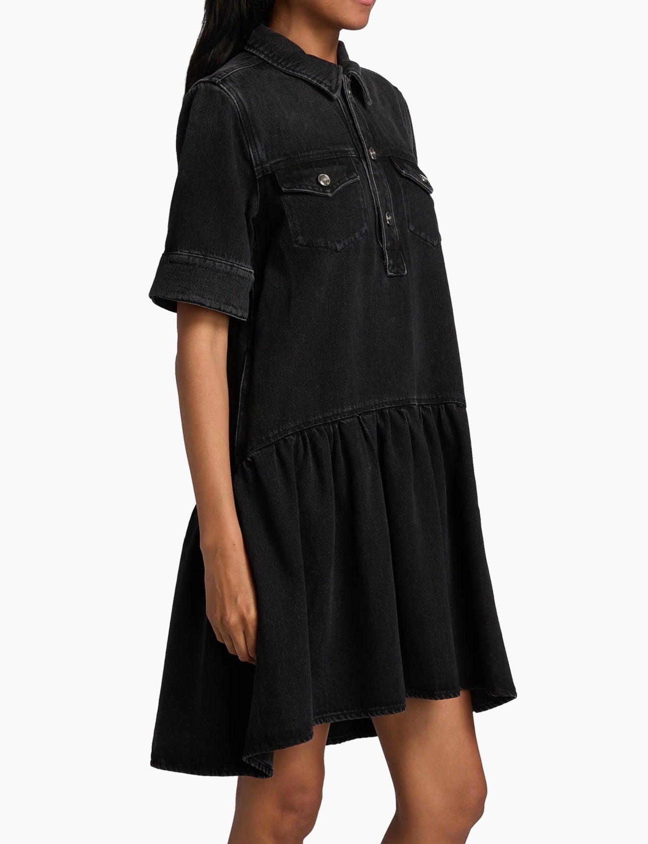 GANNI Soft Rigid Denim Mini Dress - Black Washed