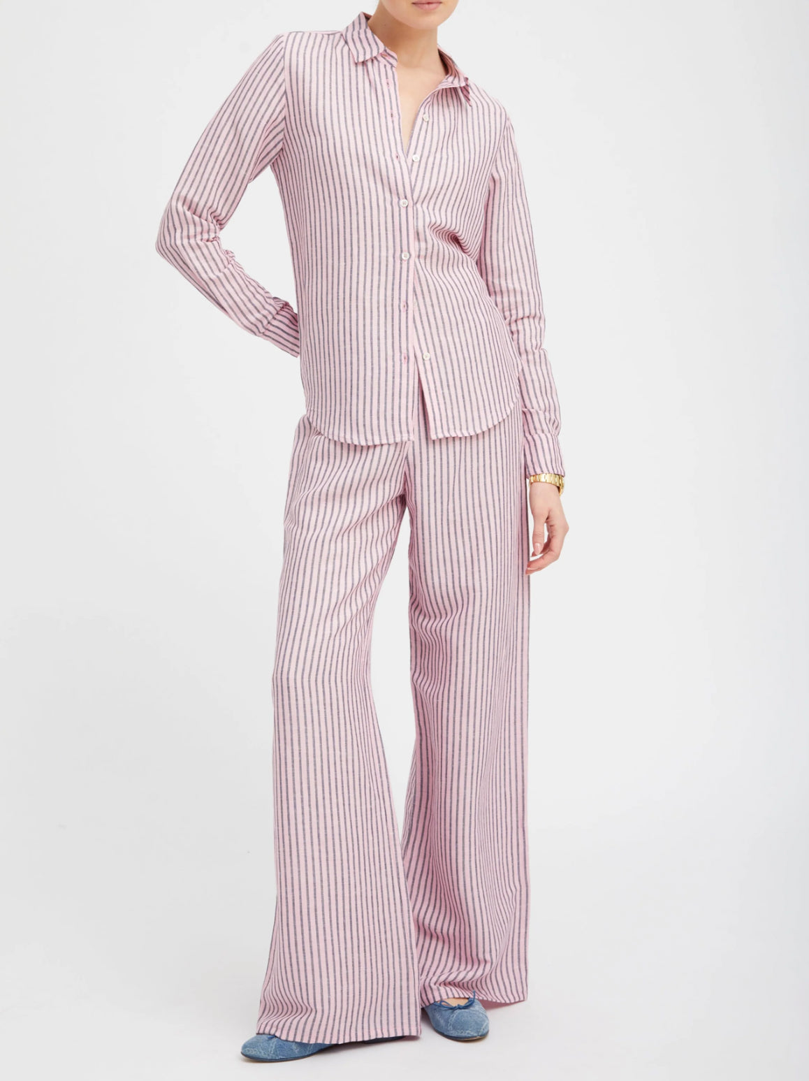 SPRWMN Pink Indigo Striped Linen Easy Pants