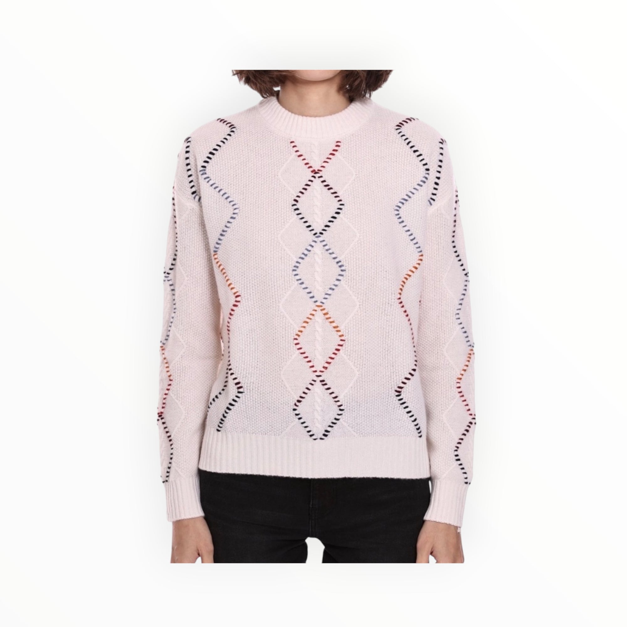 Minnie Rose Cable Corded Fringe Pullover - White Combo