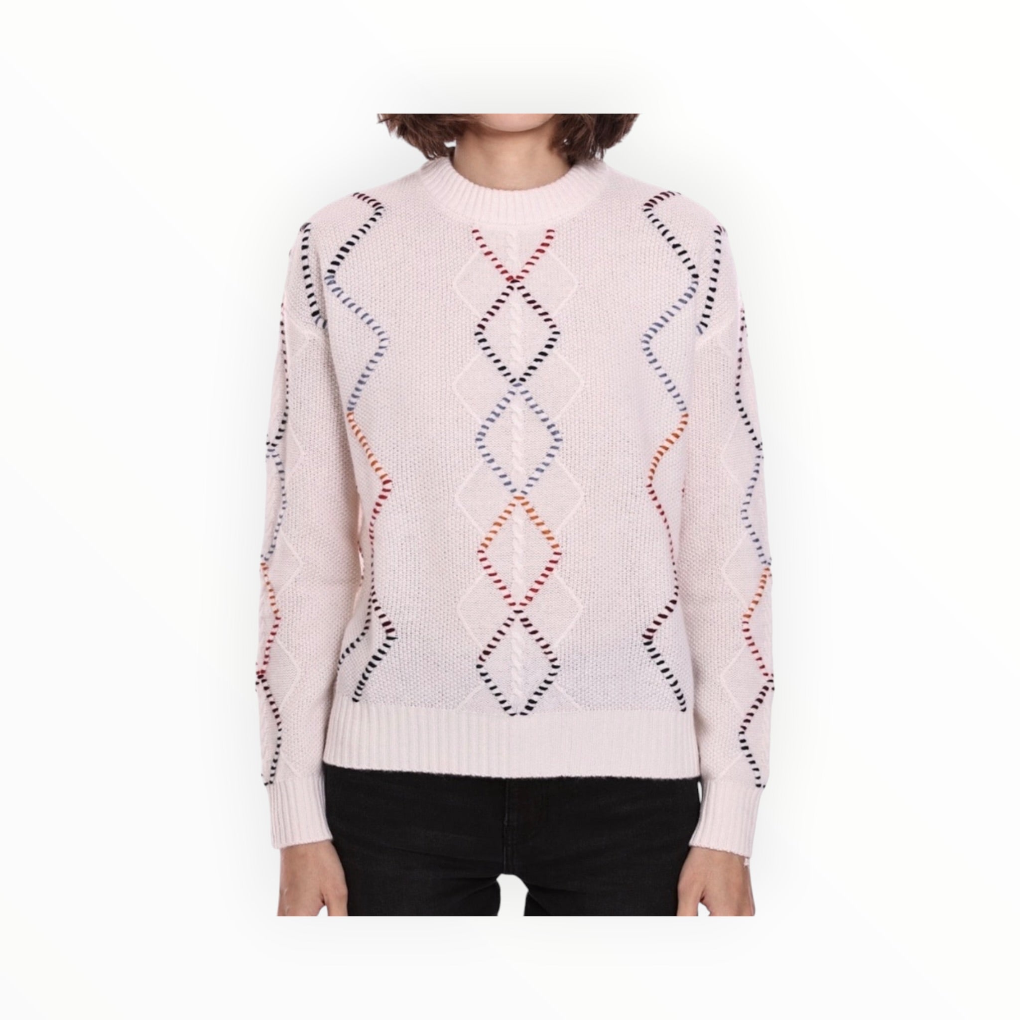 Minnie Rose Cable Corded Fringe Pullover - White Combo