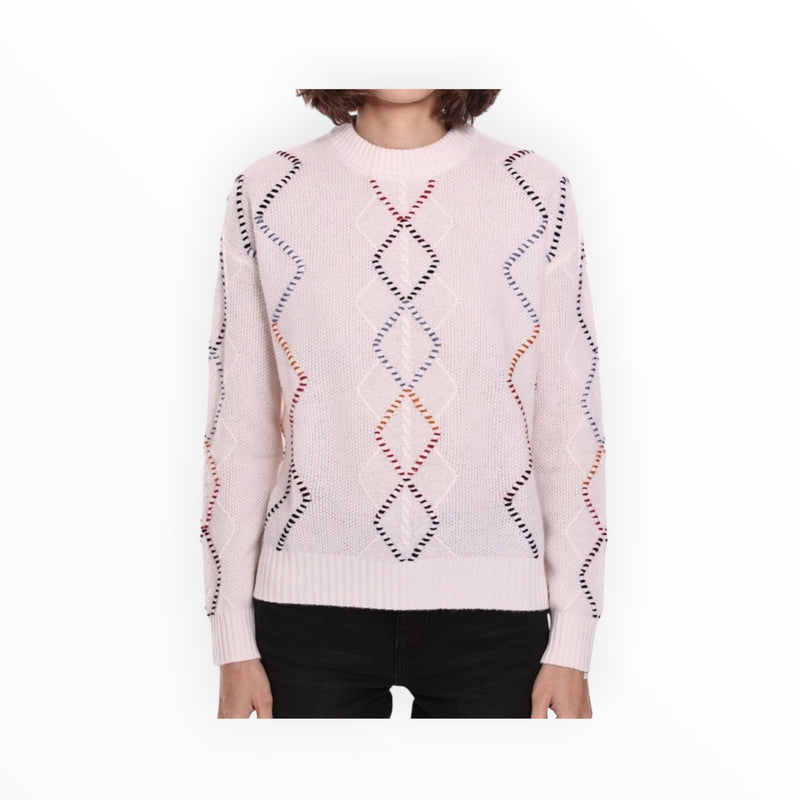 Minnie Rose Cable Corded Fringe Pullover - White Combo