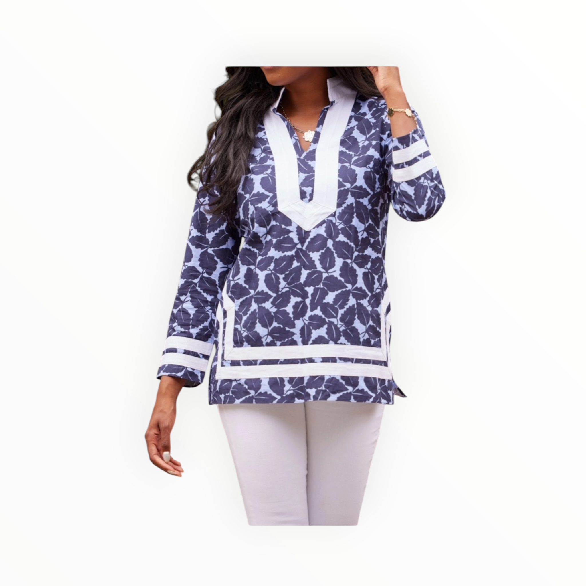 Sail To Sable Autumn Leaf Print Long Sleeve Classic Tunic Top - Hydrangea/Navy