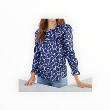 Sail To Sable Autumn Leaf Print Long Sleeve Ruffle Bib Blouse - Hydrangea/Navy