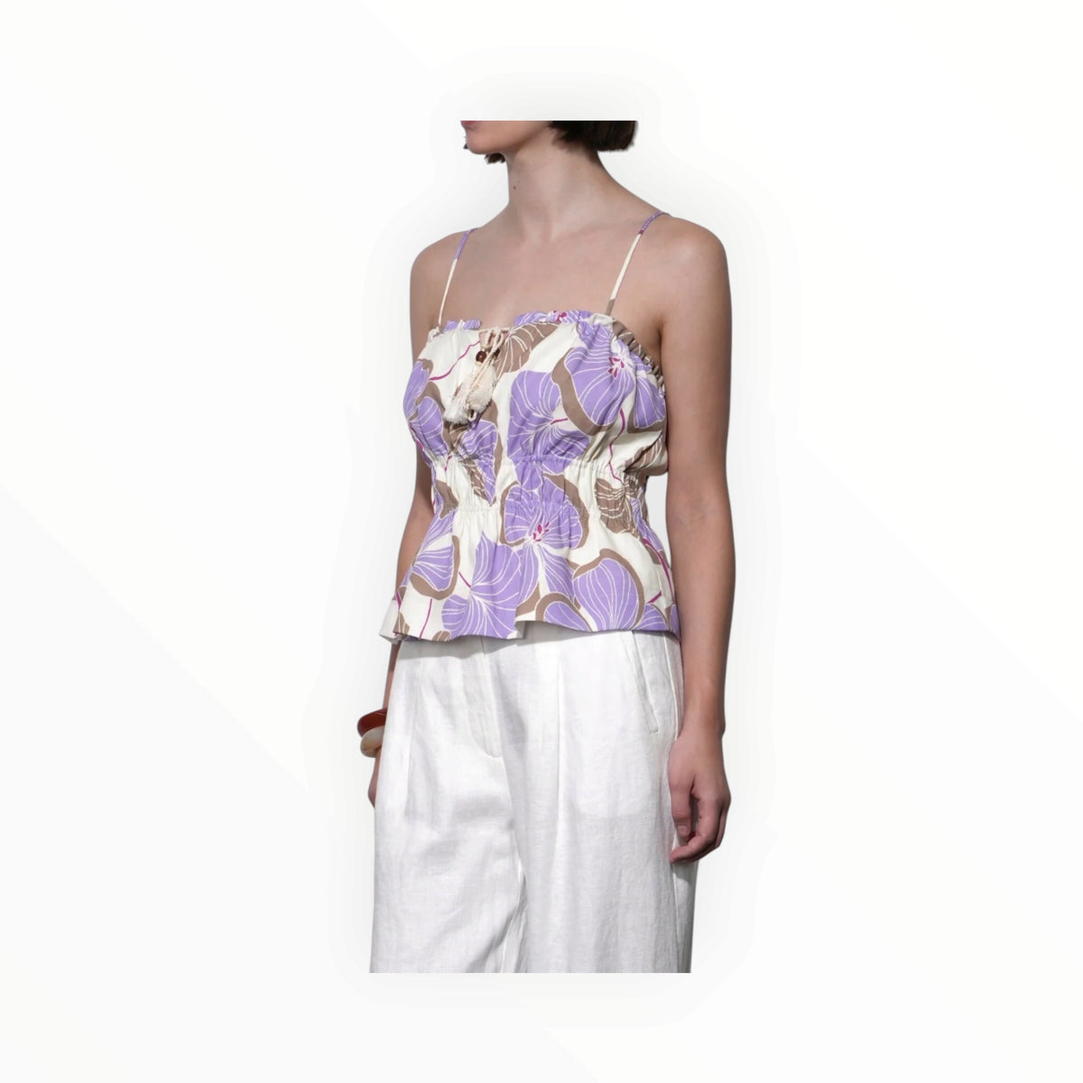 Greylin Iris Tie Front Elastic Waist Tank - Cream/Lilac