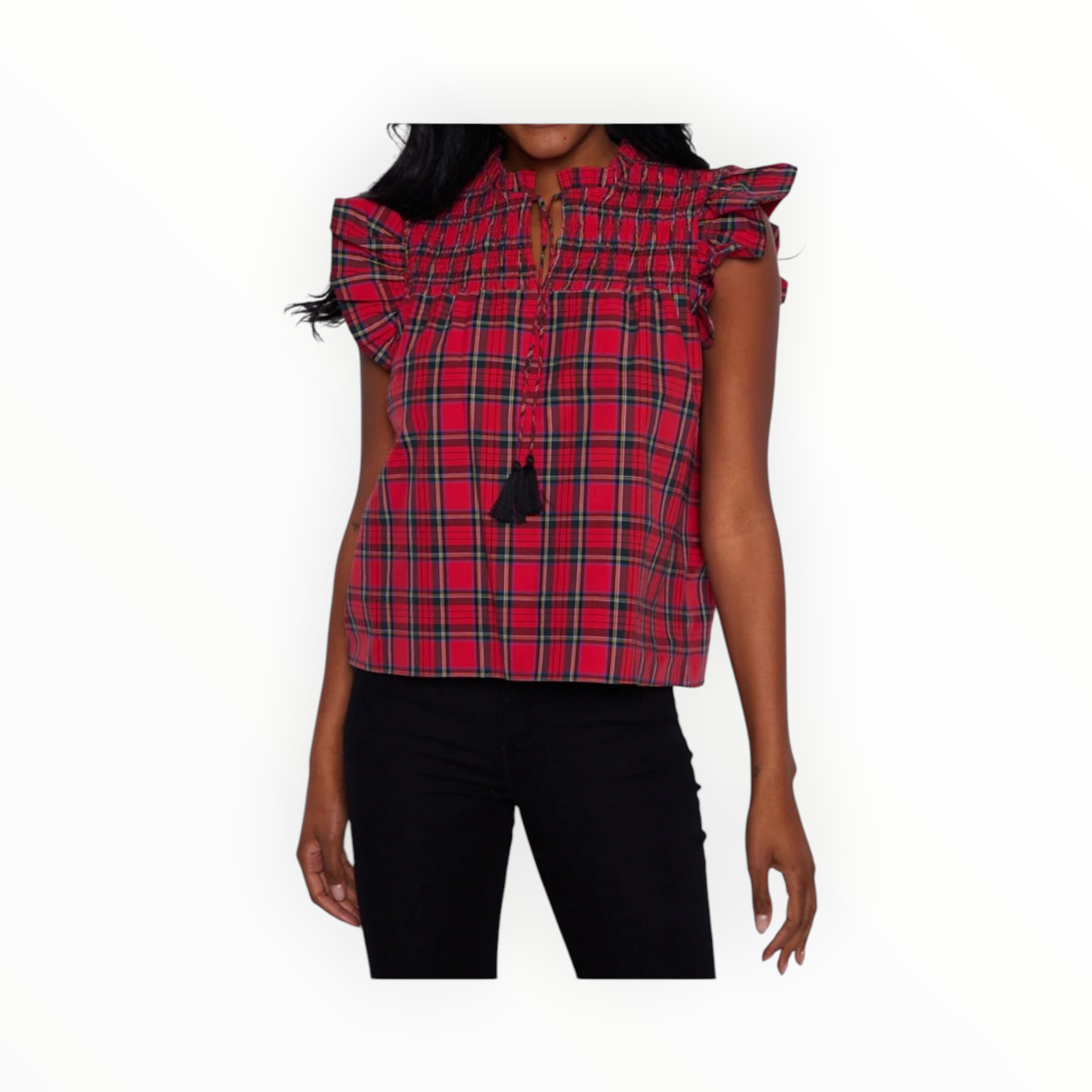 Sail to Sable Tartan Flutter Sleeve Top with Tassels - Red