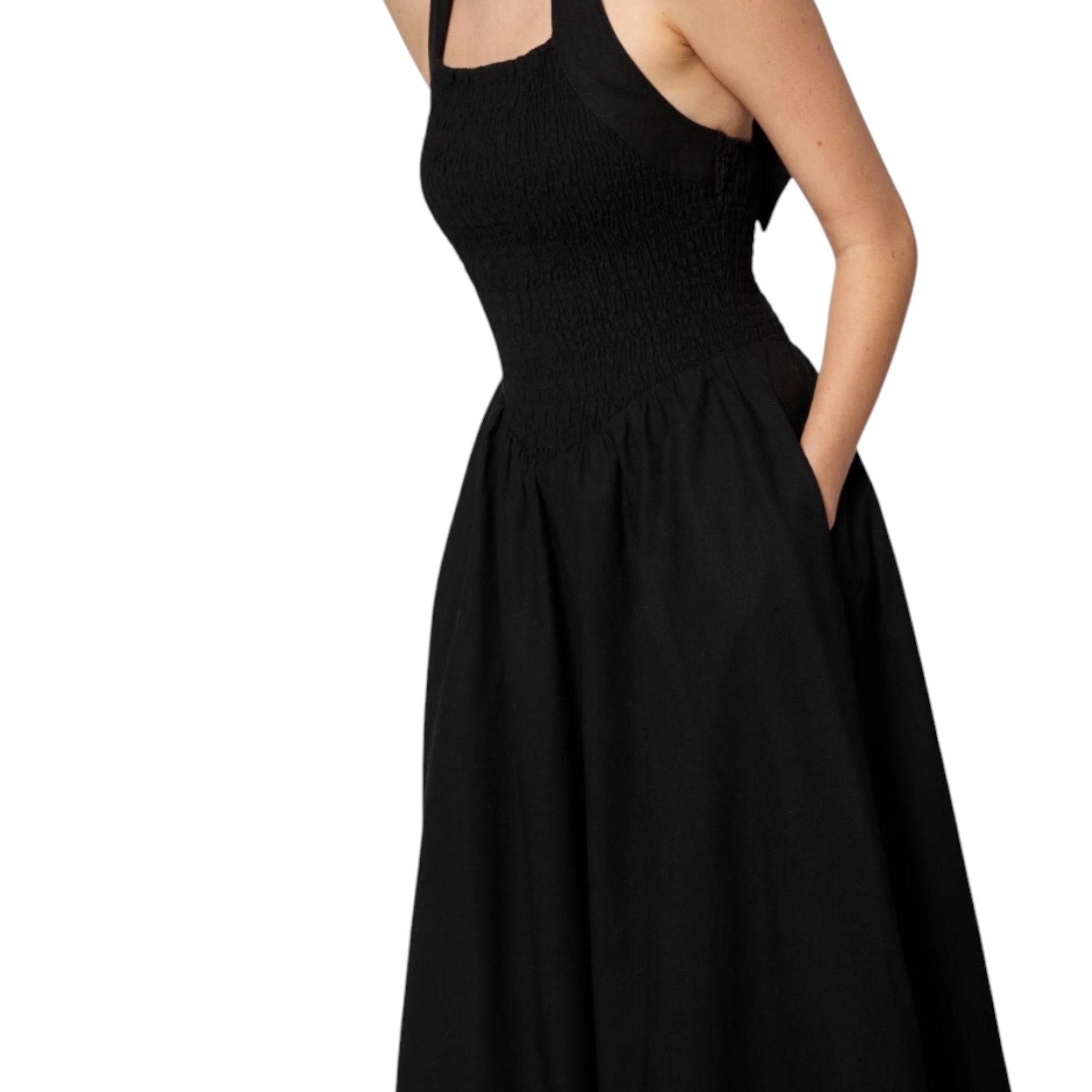 Amanda Maria Linen Cotton Smocked Halter Dress - Black