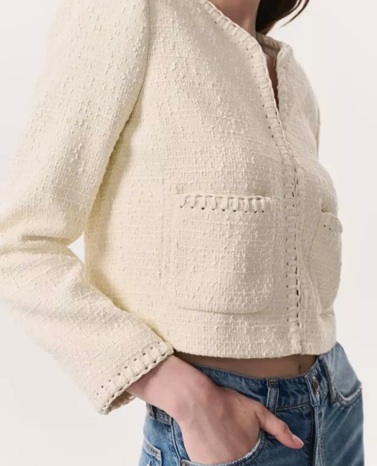 rag & bone Cheyenne Whipstitch-Trimmed Tweed Lady Jacket - White