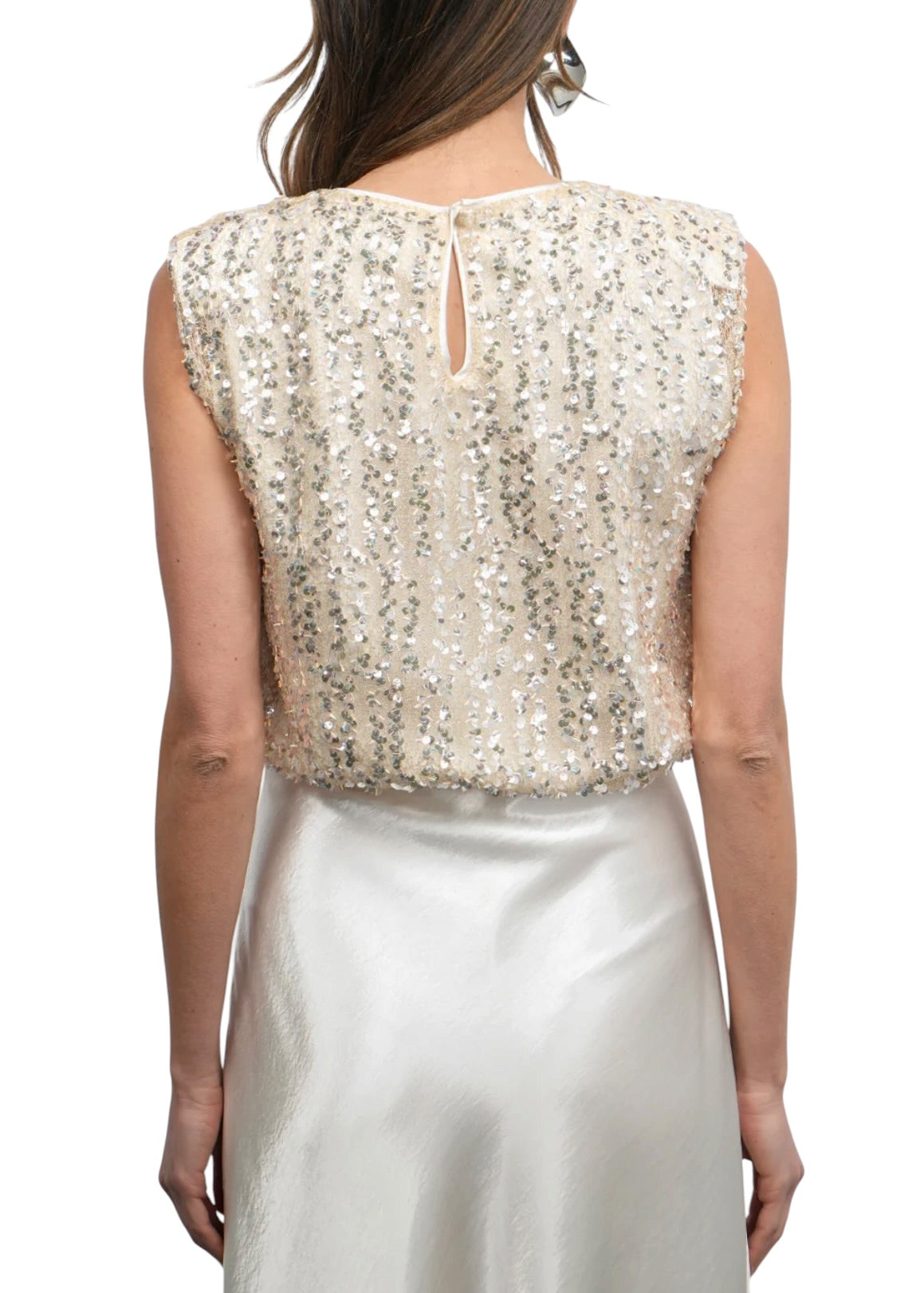 Greylin Liberty Padded Shoulder Bubble Hem Sequin Top - Pearl