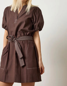 LILLA|P Shirred Sleeve Split Neck Dress - Espresso