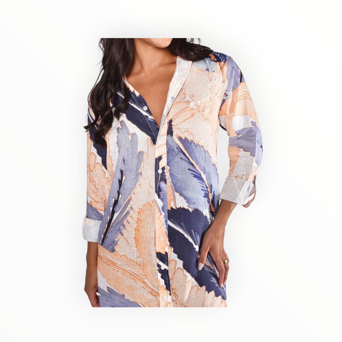 Emily Phillips Peach/Blue Leaf Linen Girlfriend Midi Dress