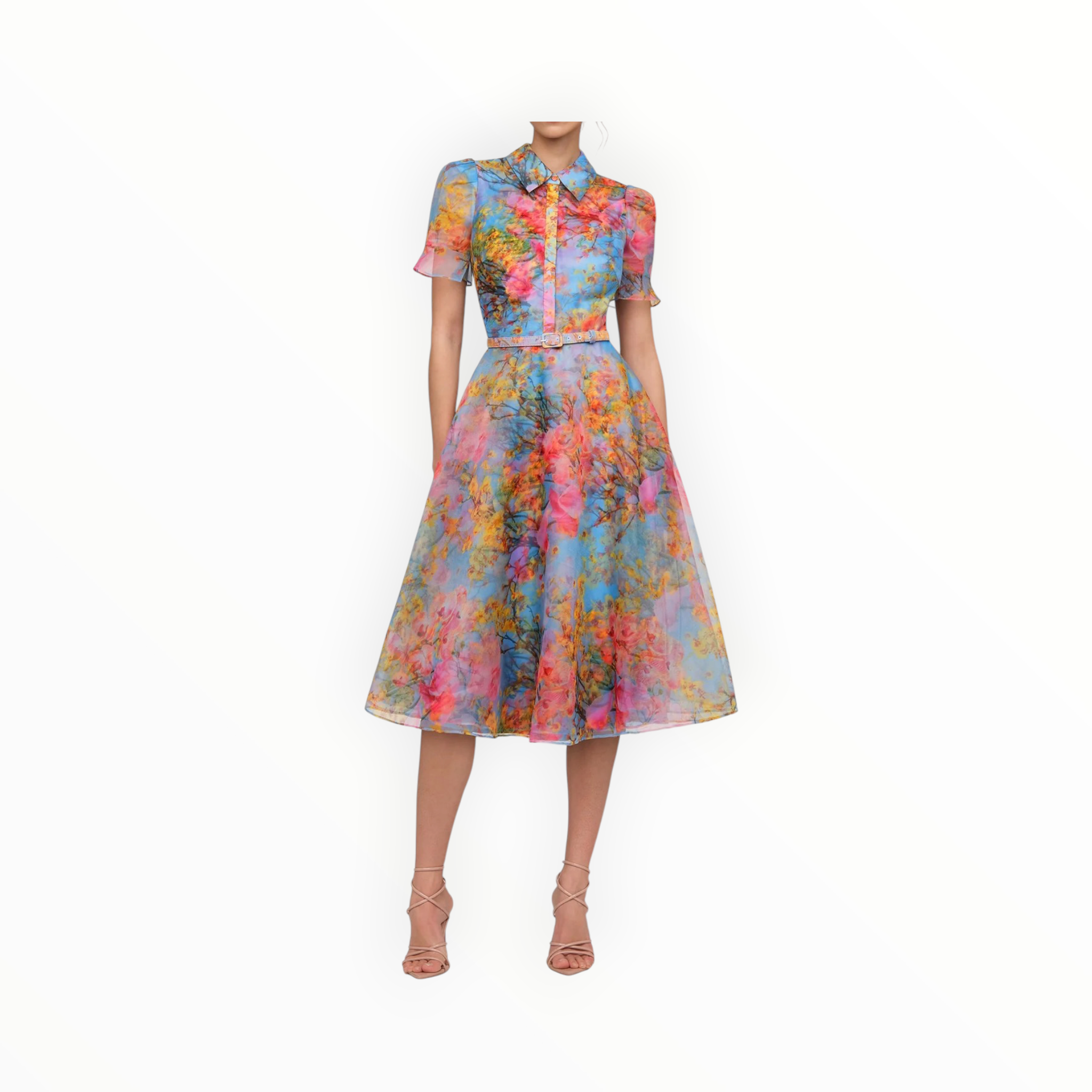 THEIA Marcel Organza Shirt Dress - Whisper Blue Zen in Bloom