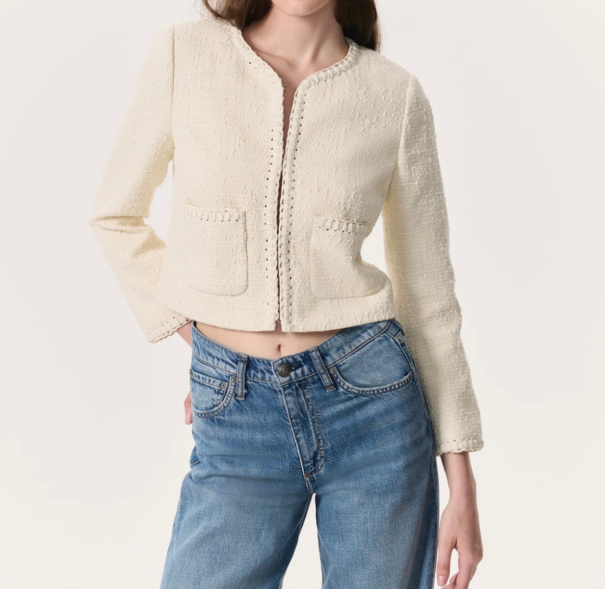 rag & bone Cheyenne Whipstitch-Trimmed Tweed Lady Jacket - White