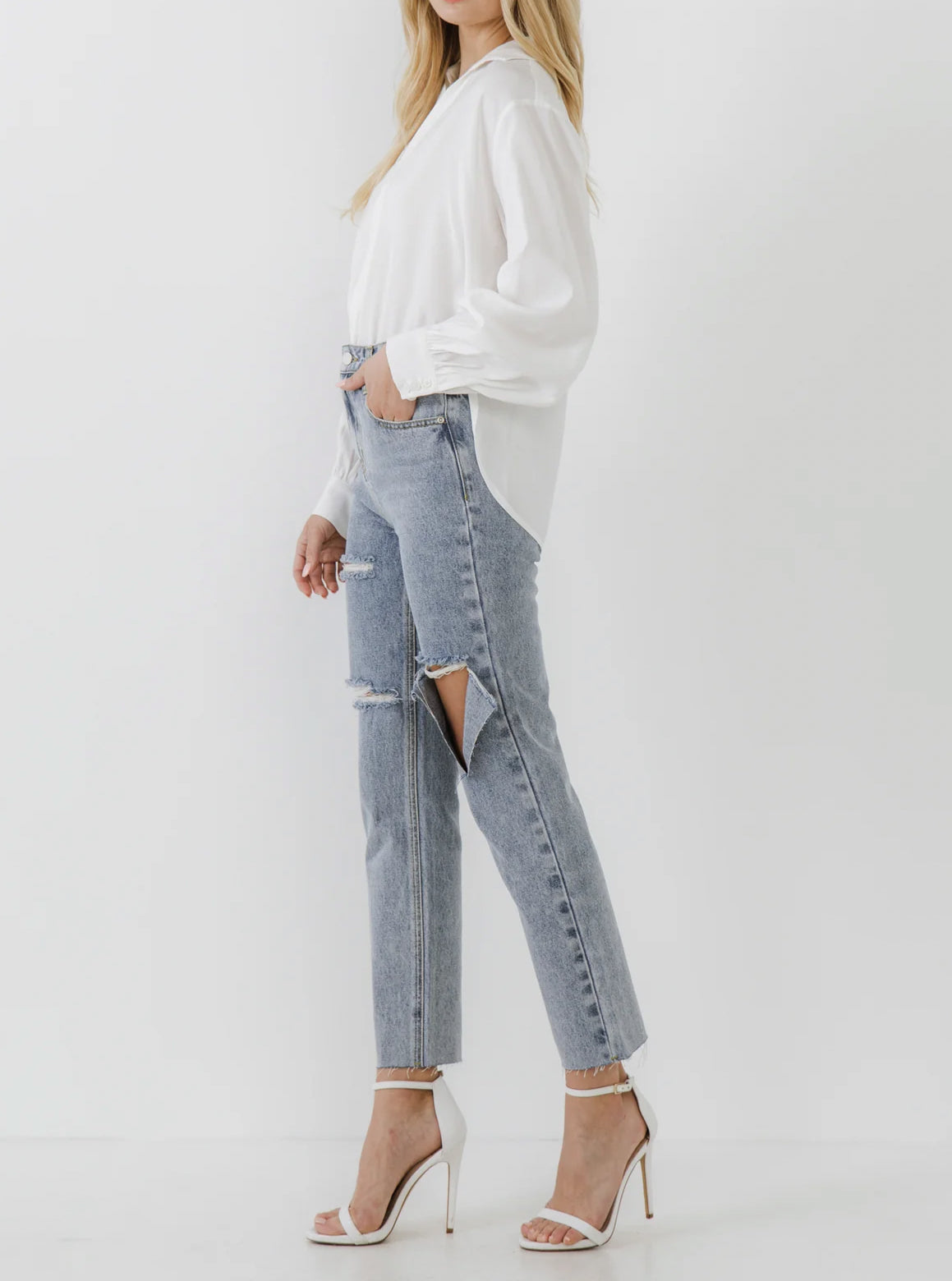 endless rose V Neck Puff Sleeve Top - White