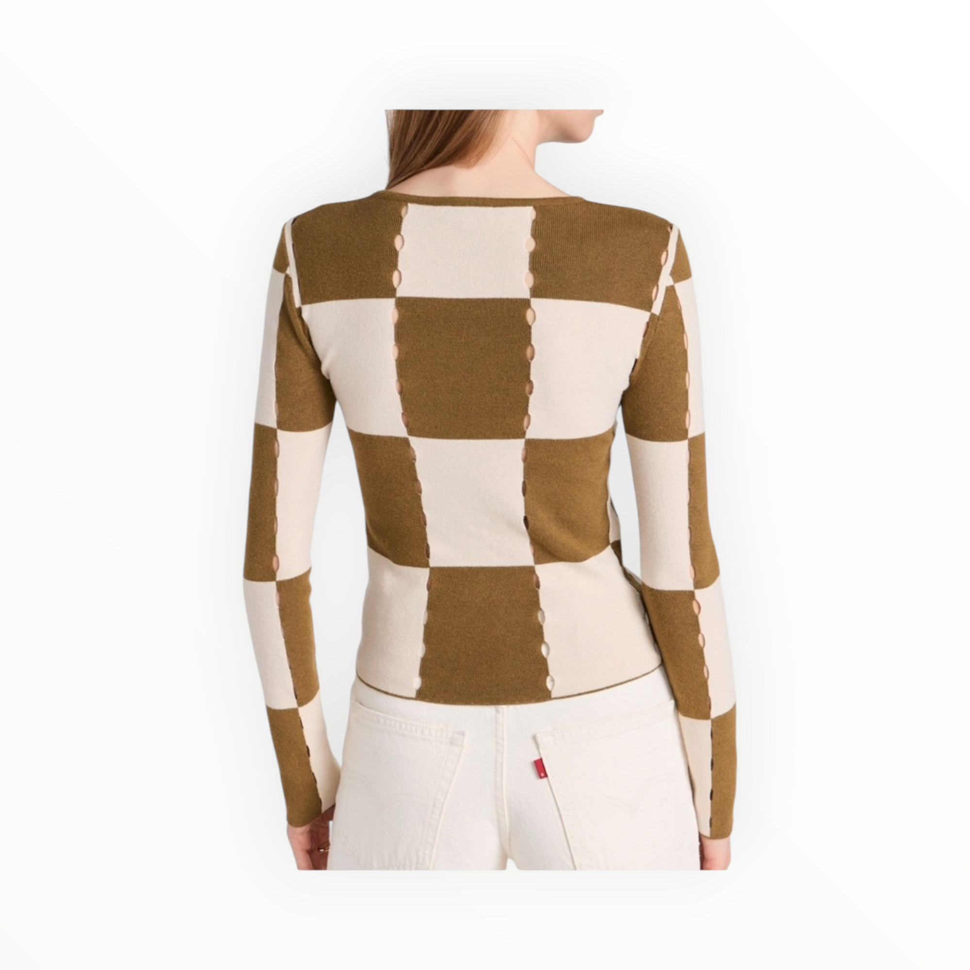 Moon River Checkerboard Sweater Top - Olive