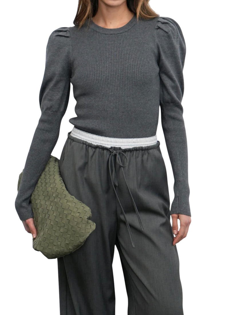 Greylin Renoa Puff Sleeve Ribbed Knit Top - Charcoal