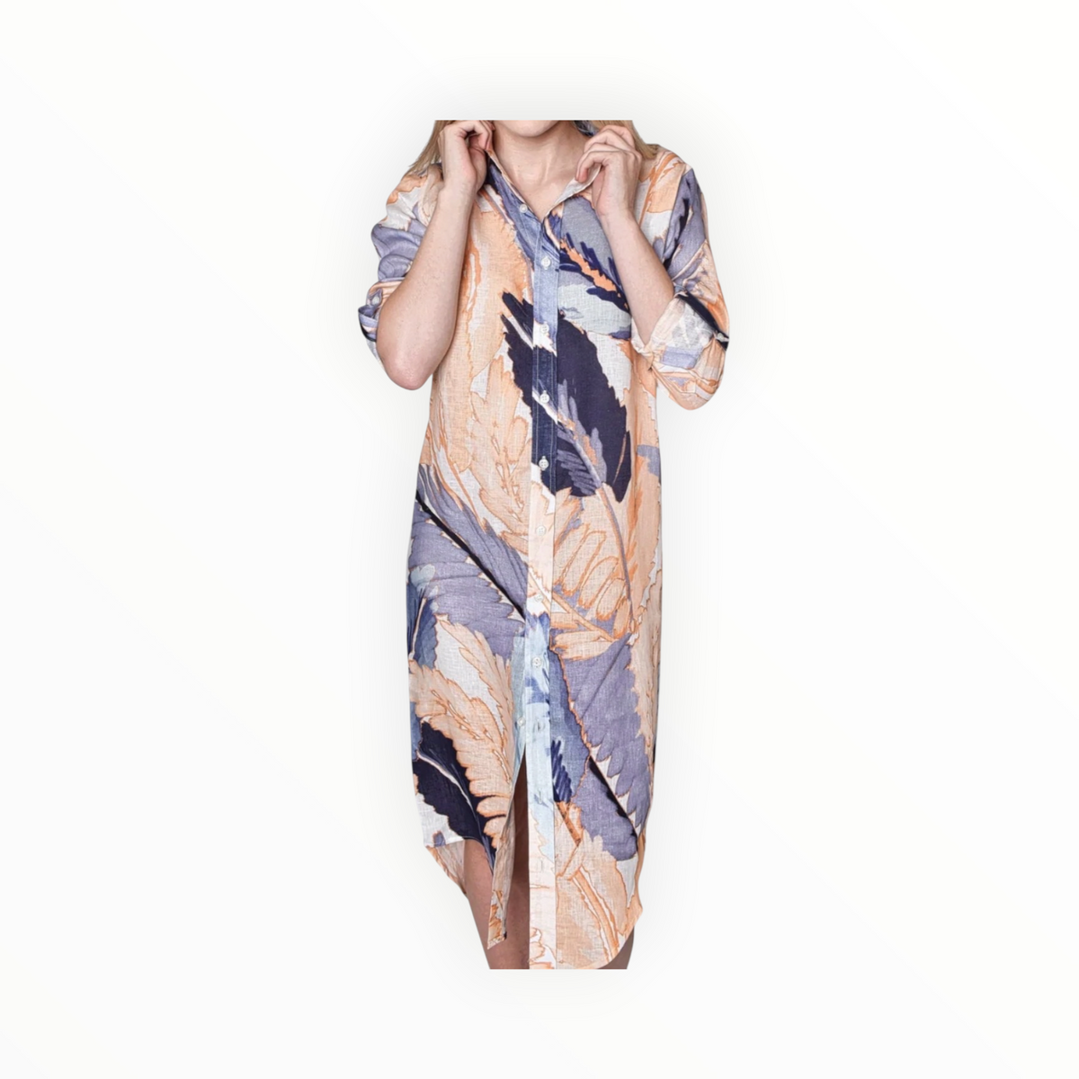 Emily Phillips Peach/Blue Leaf Linen Girlfriend Midi Dress