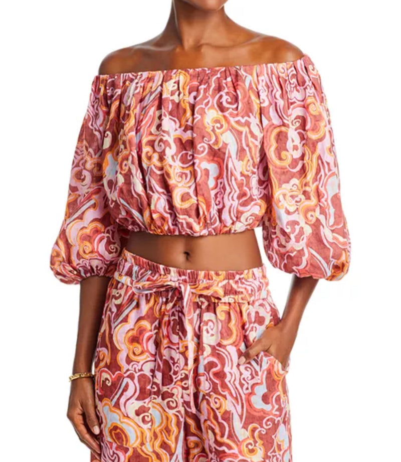 A.L.C. Katherine Off The Shoulder Printed Linen Top - Baked Clay