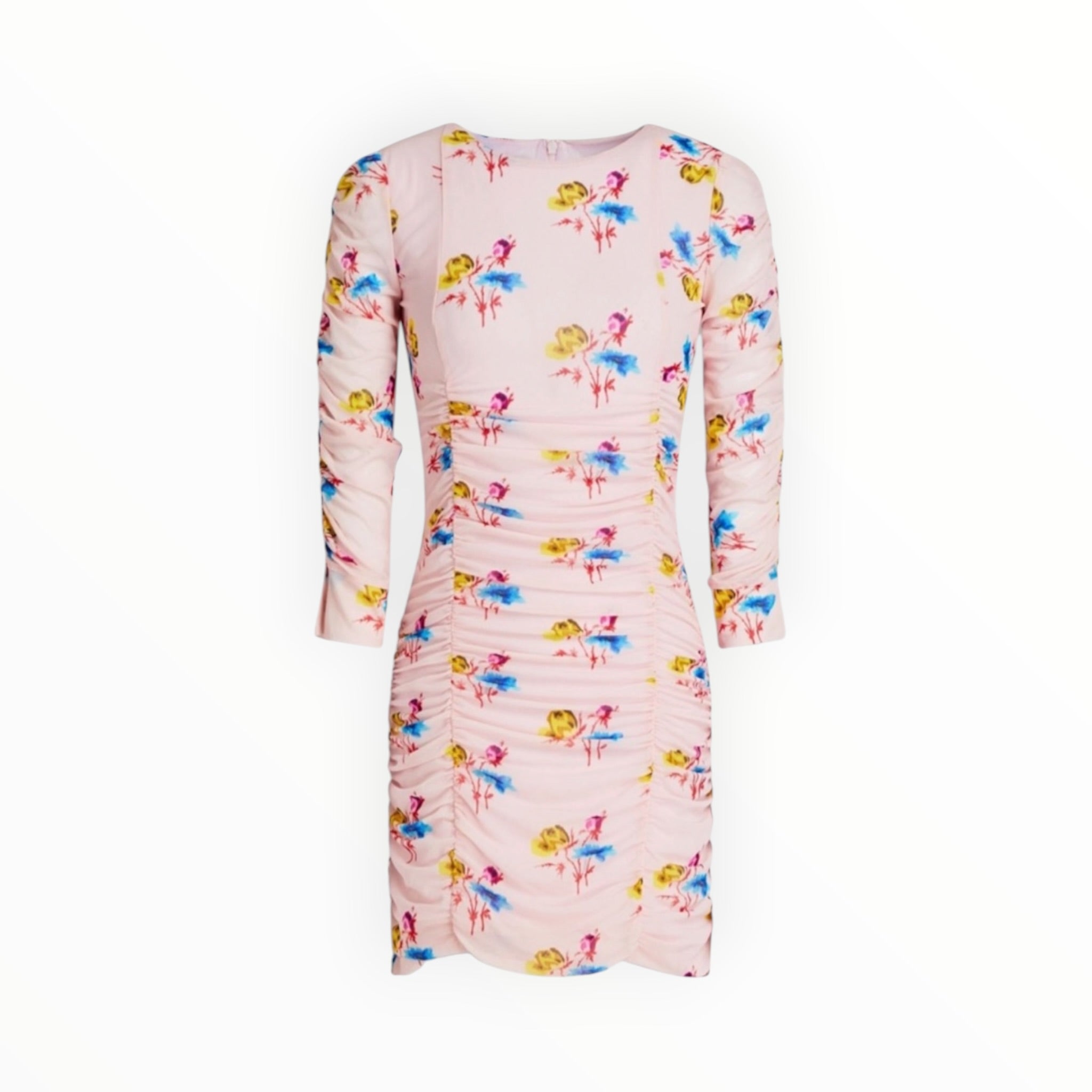 GANNI Ruched Floral Print Stretch Mesh Dress