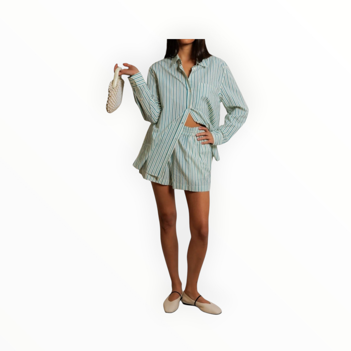perfectwhitetee Avalon Poplin Button Down - Teal Blue/Sugar Stripe