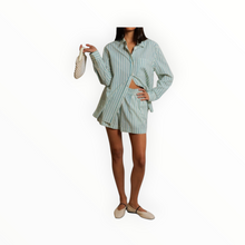 perfectwhitetee Avalon Poplin Button Down - Teal Blue/Sugar Stripe