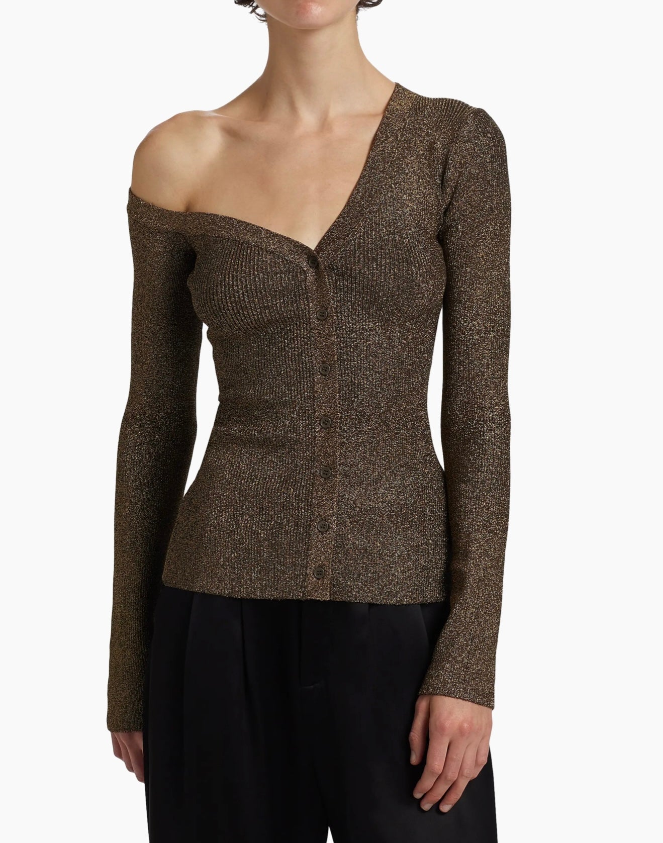 STAUD Craftsman One Shoulder Metallic Cardigan
