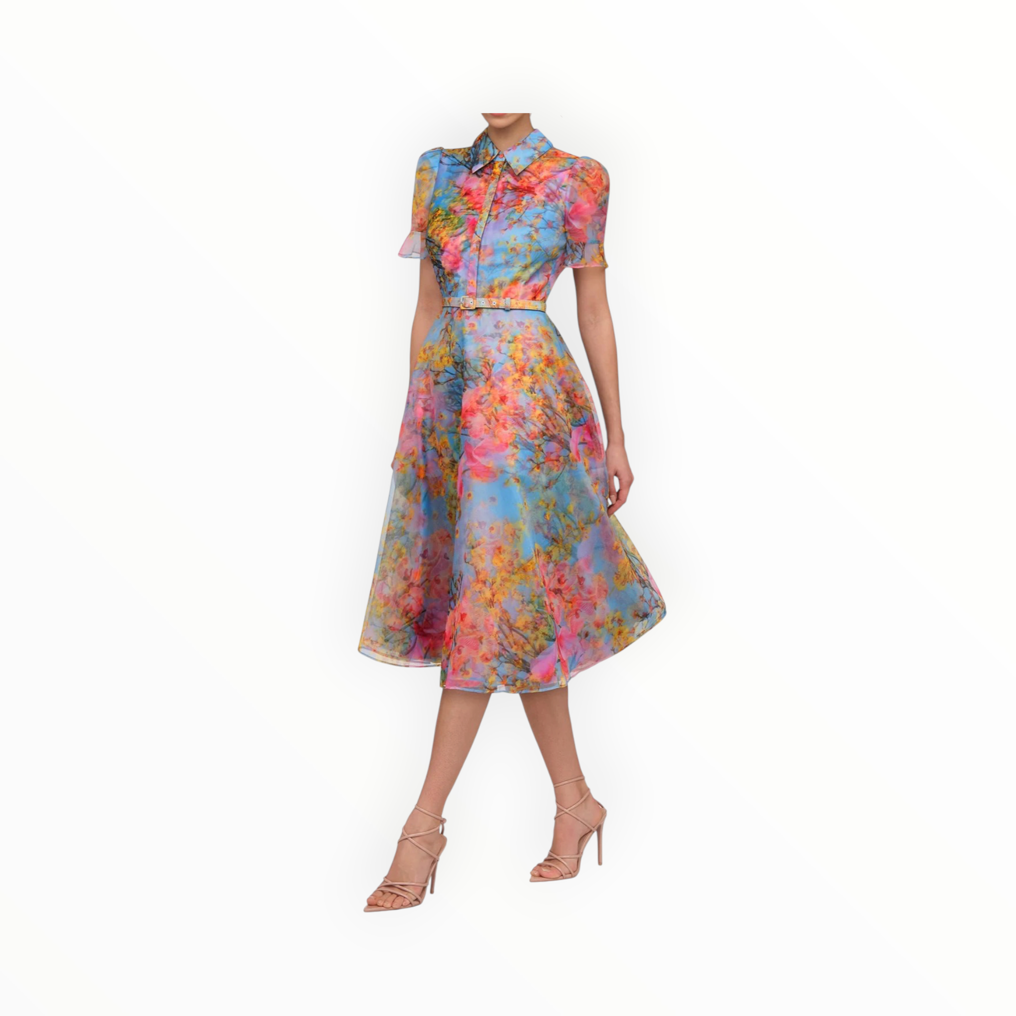 THEIA Marcel Organza Shirt Dress - Whisper Blue Zen in Bloom