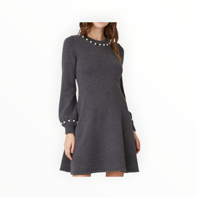 Shoshanna Charity Faux Pearl-Trim Dress - Heather Grey