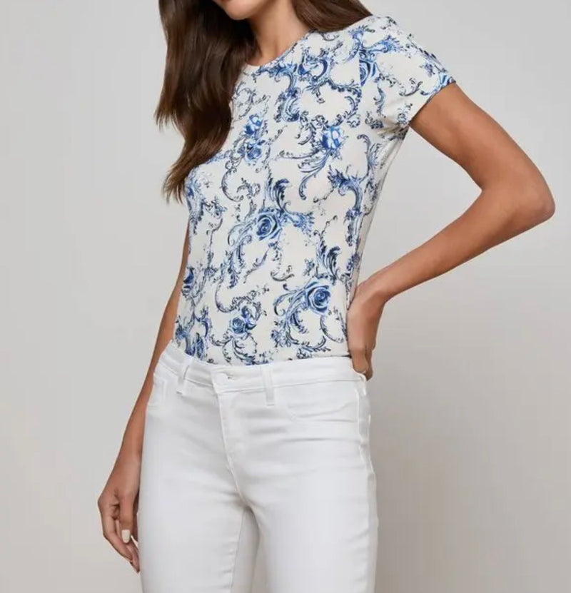 L'Agence Ressi Crew S/S Tee - White/Blue Baroque Swirl