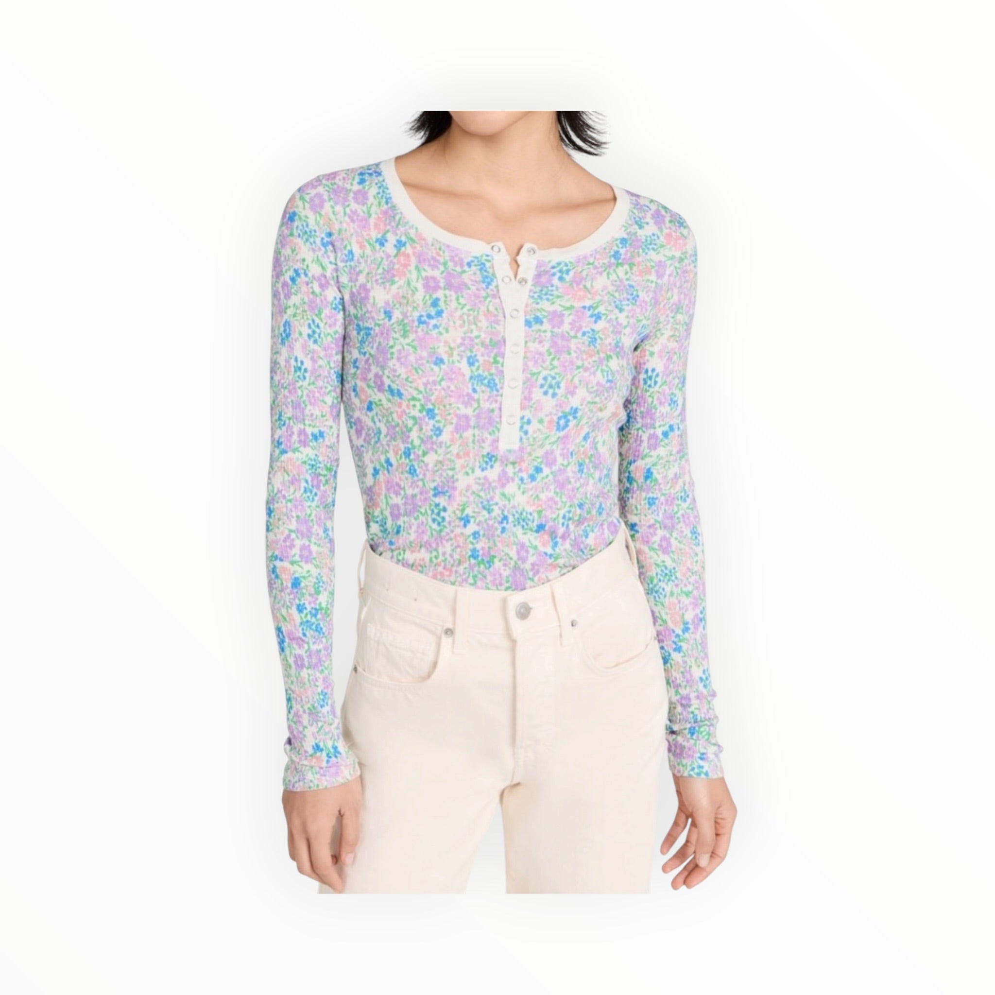Sundry Vida Floral Henley - Oat Milk