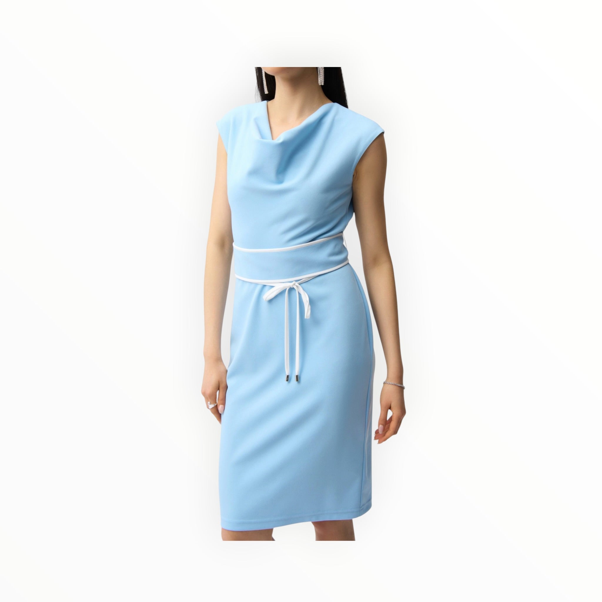 Joseph Ribkoff Sheath Dress With Cowl Neck and Belt - Sky Blue/Vanilla