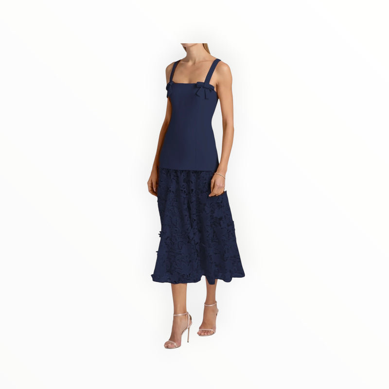 Badgley Mischka Mixed-Media Lace Midi-Dress - Navy