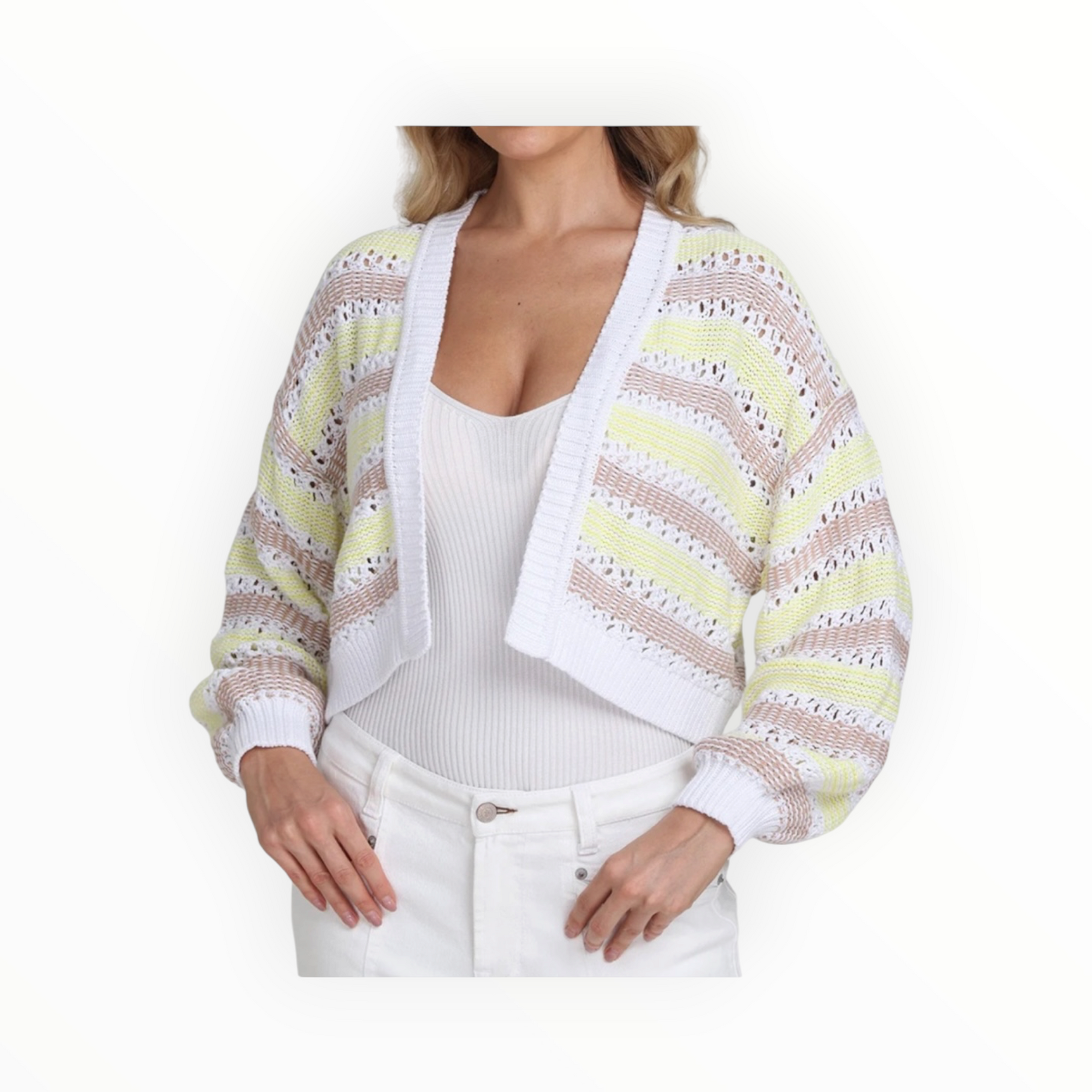 525 America Zoe Cotton Open Stitch Cardigan- Bleach White Multi