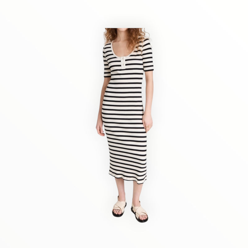 GANNI Striped Rib Knit Midi Dress - Black/White