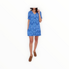 Sail To Sable Blue Ikat Short Sleeve V-Neck Pleated Dress