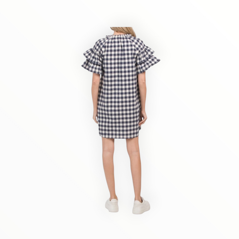 Sail to Sable Gingham Flutter Sleeve Dress With Tassels - Navy/Winter White